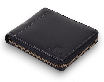 Cartera con cremallera para hombre de color negro, cartera personalizada, cartera de cuero plegable personalizada para hombre, cartera de cuero hecha a mano, regalo perfecto para papá