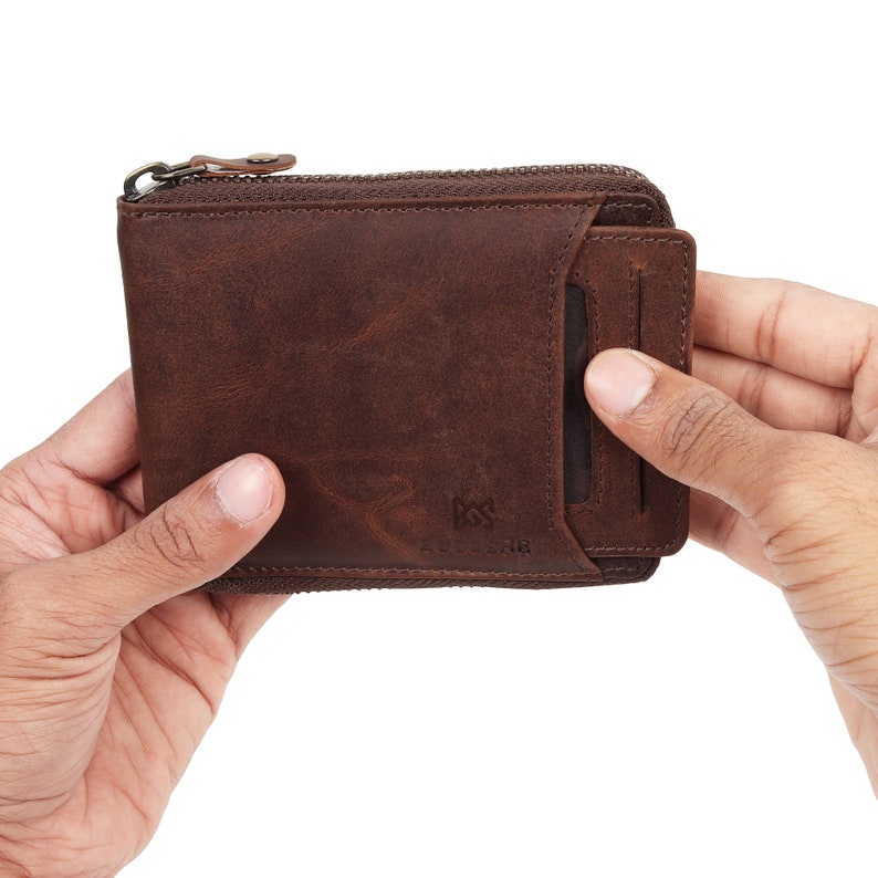 Cartera con cremallera y tarjetas, Cartera con cremallera para hombre / Cartera con bloqueo RFID para hombre / Cartera de cuero RFID hecha a mano / Regalo perfecto para papá / Regalo para él Horizontal Design