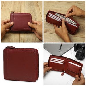 Cartera personalizada de cuero vintage / Cartera de cuero auténtico con cremallera / Cartera con bloqueo RFID / Cartera de cuero de grano completo con cremallera / Regalo para él imagen 10