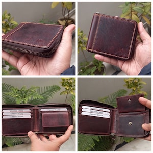 Cartera personalizada de cuero vintage / Cartera de cuero auténtico con cremallera / Cartera con bloqueo RFID / Cartera de cuero de grano completo con cremallera / Regalo para él imagen 6