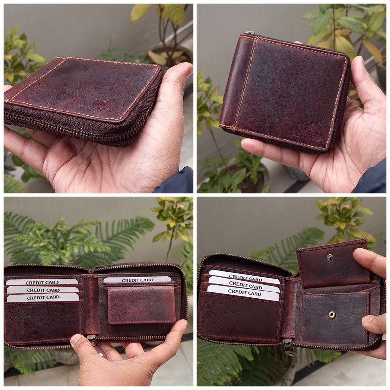 Cartera personalizada de cuero vintage / Cartera de cuero auténtico con cremallera / Cartera con bloqueo RFID / Cartera de cuero de grano completo con cremallera / Regalo para él imagen 6