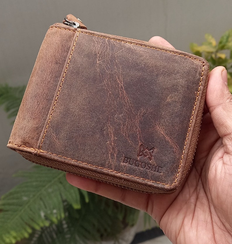 Cartera personalizada de cuero vintage / Cartera de cuero auténtico con cremallera / Cartera con bloqueo RFID / Cartera de cuero de grano completo con cremallera / Regalo para él imagen 1