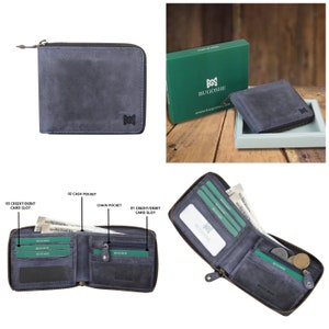 Cartera personalizada de cuero vintage / Cartera de cuero auténtico con cremallera / Cartera con bloqueo RFID / Cartera de cuero de grano completo con cremallera / Regalo para él imagen 9