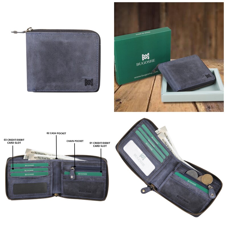 Cartera personalizada de cuero vintage / Cartera de cuero auténtico con cremallera / Cartera con bloqueo RFID / Cartera de cuero de grano completo con cremallera / Regalo para él imagen 9