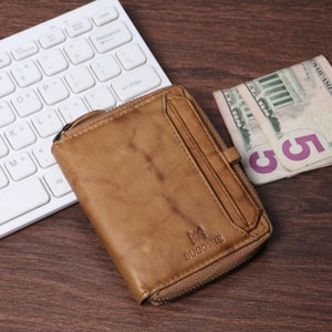Cartera con cremallera hecha a mano / Regalo del día del padre / Cartera personalizada para hombres / Regalo para él / Cartera de cuero 100% real RFID / Regalo perfecto para papá