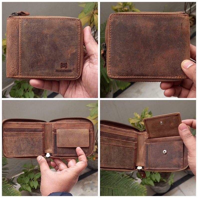 Cartera personalizada de cuero vintage / Cartera de cuero auténtico con cremallera / Cartera con bloqueo RFID / Cartera de cuero de grano completo con cremallera / Regalo para él imagen 2