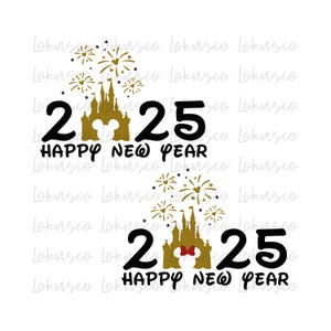 May include: A graphic design for the New Year 2025, featuring a gold castle with fireworks, the numbers "2" and "25", and the text "HAPPY NEW YEAR" in black. A second design includes a red bow.