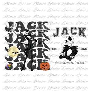 Op de afbeelding: Een zwart-wit afbeelding met Jack Skellington uit The Nightmare Before Christmas. Het ontwerp bevat het woord "JACK", een pompoen, Zero, vleermuizen en de tekst "Nightmare Before Christmas".