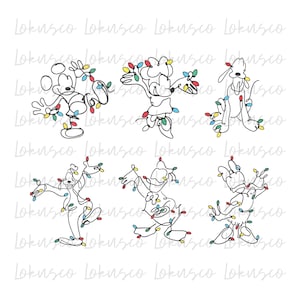 May include: Line art illustrations of Mickey Mouse, Minnie Mouse, Goofy, and Pluto, each adorned with colorful Christmas lights. The characters are in various poses, creating a festive holiday theme.