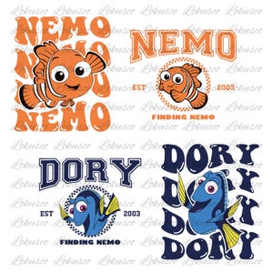 May include: A collection of graphics featuring characters from the animated film "Finding Nemo." The designs include the names "Nemo" and "Dory" in various fonts, along with images of the characters. The text "EST 2003" is also present.