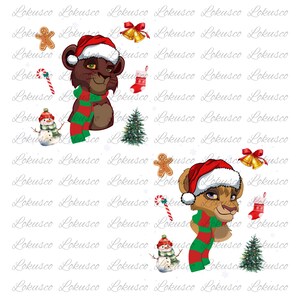 May include: Digital illustration featuring two lion cubs wearing Santa hats and red and green scarves. Christmas-themed elements like a snowman, gingerbread man, candy cane, stocking, and Christmas tree are also included.