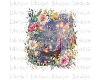 Rapunzel Floreciente SVG PNG, Camiseta de Linternas Enredadas, Transferencias de Imágenes Florecidas de Rapunzel, Viaje a Disney PNG, Impresiones por Sublimación, Descarga Instantánea