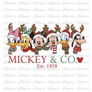 May include: A festive graphic featuring Disney characters Daisy Duck, Pluto, Mickey Mouse, Minnie Mouse, Donald Duck, and Goofy, all wearing Santa hats and reindeer antlers. The text "MICKEY & CO. Est. 1928" is also included.