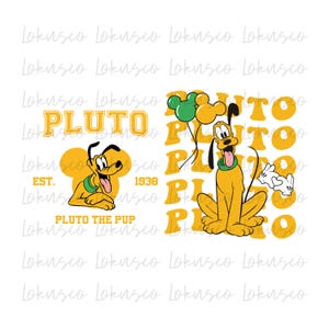 May include: A yellow cartoon dog named Pluto holding balloons with the text "PLUTO" in a yellow and blue banner and "PLUTO THE PUP" below. The text "EST. 1938" is also included.