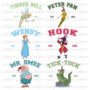 May include: A selection of cartoon illustrations featuring characters from Peter Pan. The image includes Tinker Bell, Peter Pan, Wendy, Captain Hook, Mr. Smee, and Tick-Tock the crocodile, with text above each character's name.
