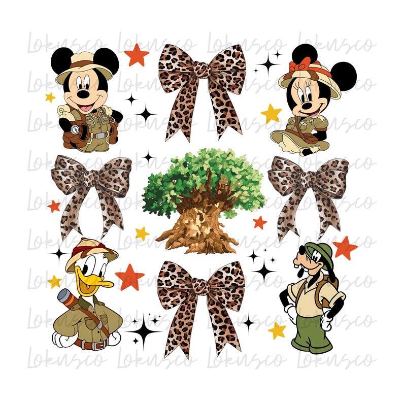 May include: A set of digital clipart featuring Mickey Mouse, Minnie Mouse, Donald Duck, Goofy, and a tree. The characters are dressed in safari outfits and are surrounded by leopard print bows and stars.