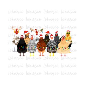 May include: A group of chickens wearing Santa hats and Christmas lights. The chickens are standing in a row, and they are all looking at the camera. The background is white.