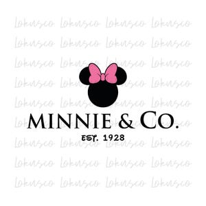 May include: Black and white illustration of Minnie Mouse with a pink bow. The text "MINNIE & CO. EST. 1928" is below the illustration.