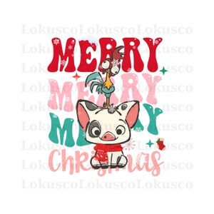 May include: A white pig with a red scarf and a red rooster on its head. The text "Merry Christmas" is written in a festive font with snowflakes and stars.