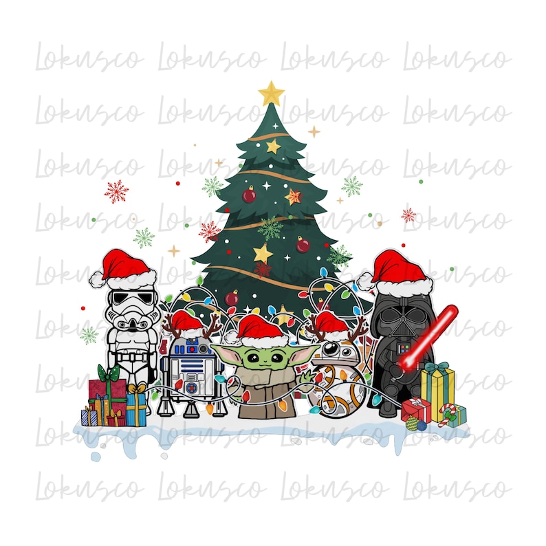 Op de afbeelding: Een kerstboom versierd met kleurrijke lichten en ornamenten, omringd door Star Wars-personages die kerstmanmutsen dragen. De personages zijn Darth Vader, een Stormtrooper, R2-D2, BB-8 en Baby Yoda.