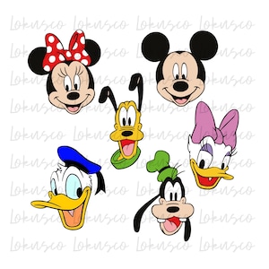 May include: A collection of cartoon character faces, including Mickey Mouse, Minnie Mouse, Donald Duck, Daisy Duck, Goofy, and Pluto. Minnie Mouse has a red bow with white polka dots. The characters are in a colorful, cartoon style.