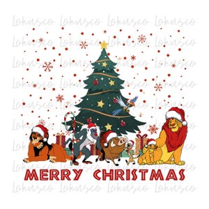 May include: A Christmas-themed illustration featuring characters from The Lion King. Simba, Nala, Timon, Pumbaa, and Zazu are gathered around a decorated Christmas tree. The text "Merry Christmas" is displayed at the bottom of the image.