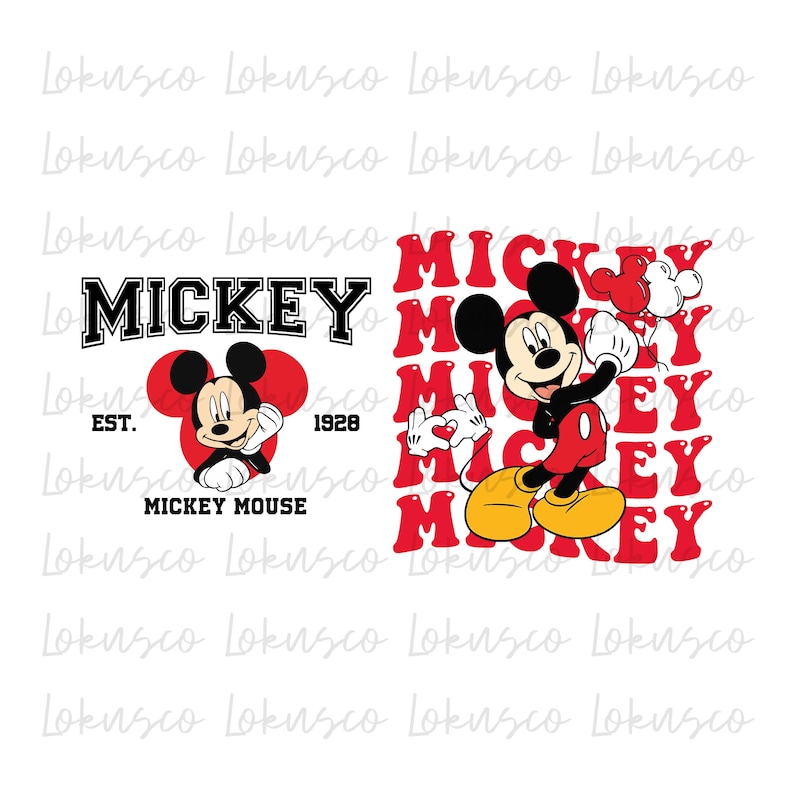 May include: A red and black Mickey Mouse graphic with the text "Mickey" in black and "Mickey Mouse" in white. The text "Est. 1928" is also included. The background is white.
