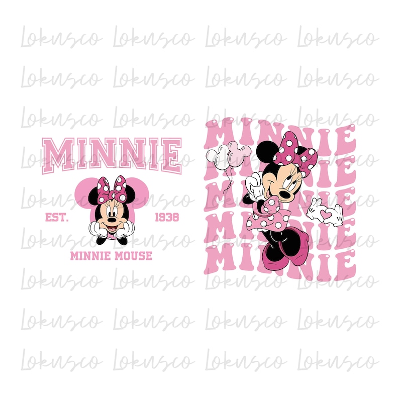 May include: Pink and white graphic design featuring Minnie Mouse. The design includes the text "MINNIE" in a pink and white collegiate font with the text "EST. 1938" and "MINNIE MOUSE" below. The design also includes a pink and white graphic of Minnie Mouse with a pink bow and polka dot dress. The background is white.