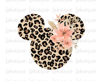 Leopard Print Minnie Mouse Head with Flower Crown Svg Png, Leopard Print Ears, Sublimation Mouse Ears for Girls, Digital Download