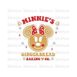 May include: Minnie Mouse gingerbread cookie design with red bow and the text "Minnie's Gingerbread Baking Co."