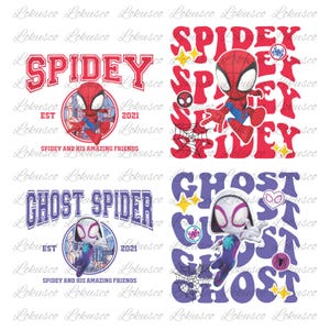 May include: Four colorful designs featuring Spider-Man and Ghost-Spider. Each design includes the character's name, a cartoon image, and the text "Spidey and His Amazing Friends." The designs are in red and purple.