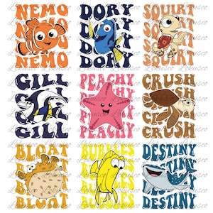 May include: Nine colorful cartoon images of sea creatures, including Nemo, Dory, and Squirt, each with a name and a related word. The designs are in a retro style with a white background. The text includes "NEMO", "DORY", "SQUIRT", "GILL", "PEACHY", "CRUSH", "BLOAT", "BUBBLES", and "DESTINY".