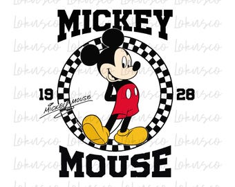May include: Black and white checkered circle with Mickey Mouse in the center. Mickey Mouse is wearing red shorts and yellow shoes. The text "MICKEY MOUSE" is above and below the circle. The numbers "19" and "28" are on either side of the circle.