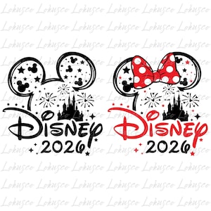 May include: Two Disney-themed designs. One features Mickey Mouse ears with stars and a castle, the word "Disney" in black, and "2026". The other has Minnie Mouse ears with a red bow and the word "Disney" in red.