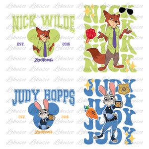 Może przedstawiać: Cztery projekty graficzne z postaciami z Zootopii. Nick Wilde jest przedstawiony w dwóch projektach, jeden z tekstem "Nick Wilde", a drugi z tekstem "Nick". Judy Hopps jest prezentowana w dwóch projektach, każdy z tekstem "Judy Hopps" i "Judy".