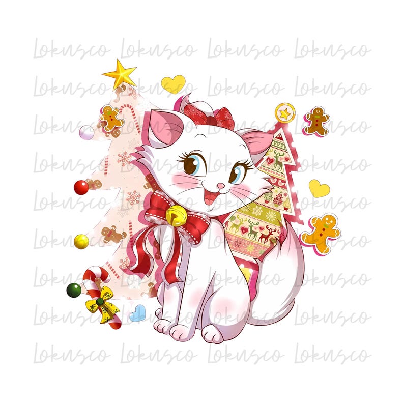 Puede incluir: Un gato blanco con un lazo rojo se sienta frente a un &aacute;rbol de Navidad con un adorno de hombre de jengibre. El gato tiene ojos azules y una nariz rosa. El &aacute;rbol est&aacute; decorado con bastones de caramelo rojos y blancos, adornos rojos y blancos y un adorno de hombre de jengibre.