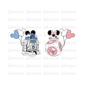 May include: A white and blue robot with Mickey Mouse ears and a blue balloon, and a white and pink robot with Mickey Mouse ears and a pink balloon.