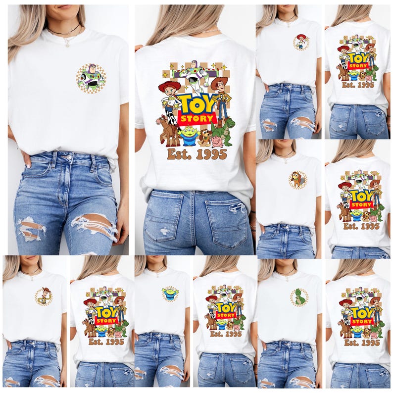 May include: White t-shirts with Toy Story graphics. The front of the shirts feature a small character design, while the back displays a larger Toy Story graphic with the text "TOY STORY Est. 1995". The shirts are paired with blue jeans.