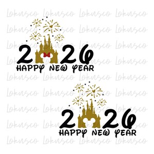 以下が含まれることがあります： ハッピーニューイヤー2026のグラフィックデザインが2つ。各デザインは、花火のある金色の城、黒色の数字2026、黒色の「HAPPY NEW YEAR」の文字が特徴です。1つの城には赤いリボンが付いています。