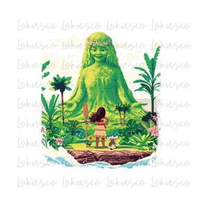 May include: A green, cartoon-style, female figure with a flower crown stands on a tropical island. A young girl with brown hair and a red dress stands in front of the figure, holding a spear. The island is surrounded by blue water.