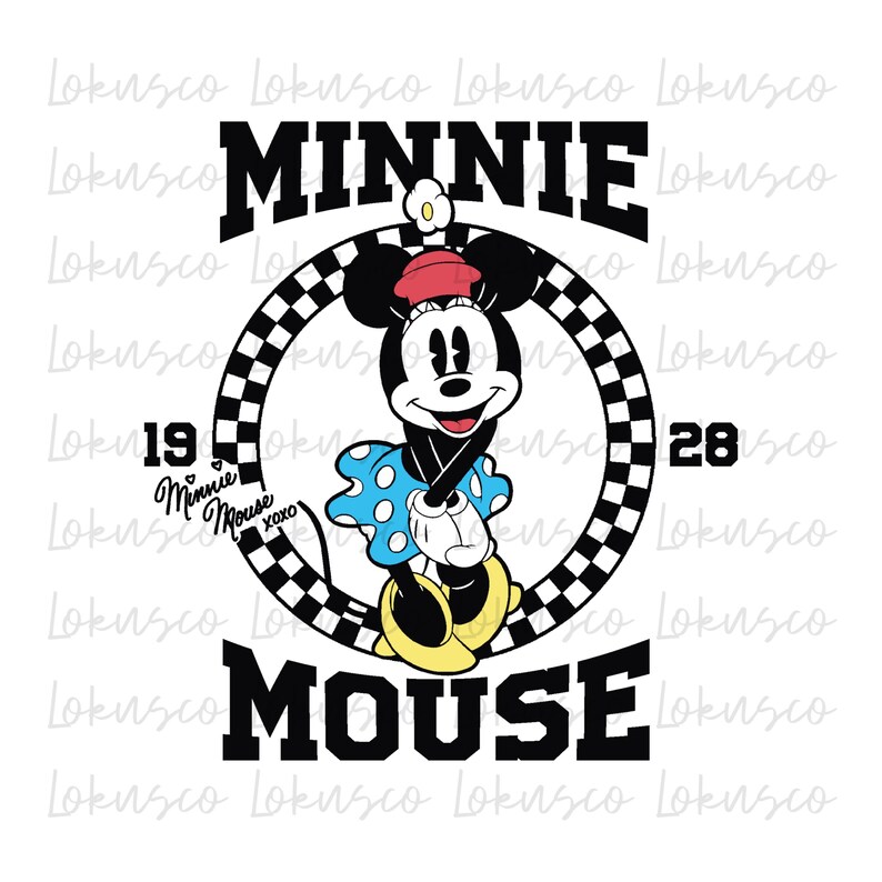 May include: Black and white checkered circle with Minnie Mouse in the center. Minnie Mouse is wearing a red and white polka dot dress, a red bow, and yellow shoes. The text "MINNIE MOUSE" is above and below the circle. The numbers "19" and "28" are on either side of the circle.