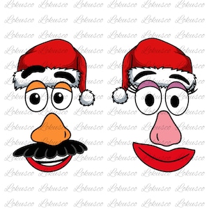 Könnte beinhalten: Zwei Cartoon-Gesichter mit Weihnachtsmützen. Ein Gesicht hat einen Schnurrbart, eine orangefarbene Nase und einen lächelnden Mund. Das andere Gesicht hat Wimpern, eine rosa Nase und einen roten, lächelnden Mund. Die Augen sind groß und rund.