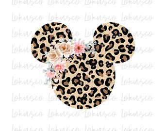 Leopard Print Minnie Mouse Head with Flower Crown Svg Png, Leopard Print Ears, Sublimation Mouse Ears for Girls, Digital Download