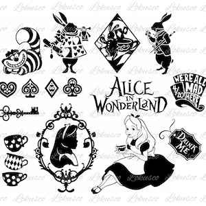 May include: Black and white illustrations of characters and elements from Alice in Wonderland. Includes the Cheshire Cat, the White Rabbit, playing card suits, teacups, a key, and the text "Alice in Wonderland". Also features the text "We're all mad here" and "Drink Me".