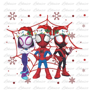 May include: A digital illustration featuring three Spider-Man characters wearing Santa hats and standing in front of a red spiderweb. The characters are in their signature costumes, with snowflakes and the text "Lokusco" in the background.