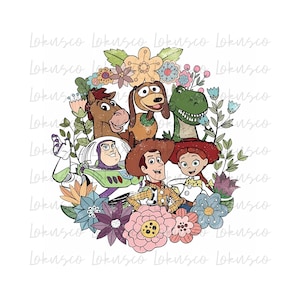 Può includere: Un'illustrazione colorata dei personaggi di Toy Story, Woody, Buzz Lightyear, Jessie, Rex e Bullseye, circondati da fiori. I personaggi sorridono e guardano lo spettatore.