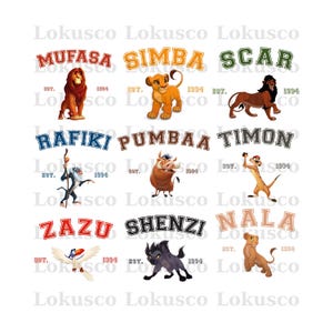 May include: A colorful illustration of characters from the Lion King movie. The characters are arranged in three rows of three. The top row features Mufasa, Simba, and Scar. The middle row features Rafiki, Pumbaa, and Timon. The bottom row features Zazu, Shenzi, and Nala.