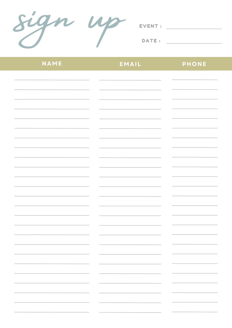 Printable Signup Sheet, Letter PDF, Office Template, Event Sign Up