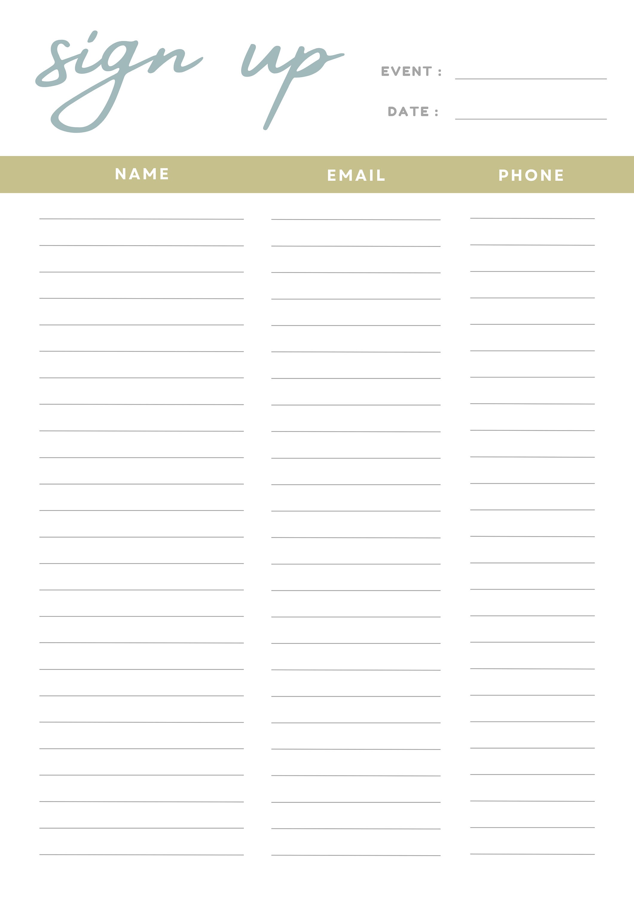 Printable Signup Sheet, Letter PDF, Office Template, Event Sign Up ...