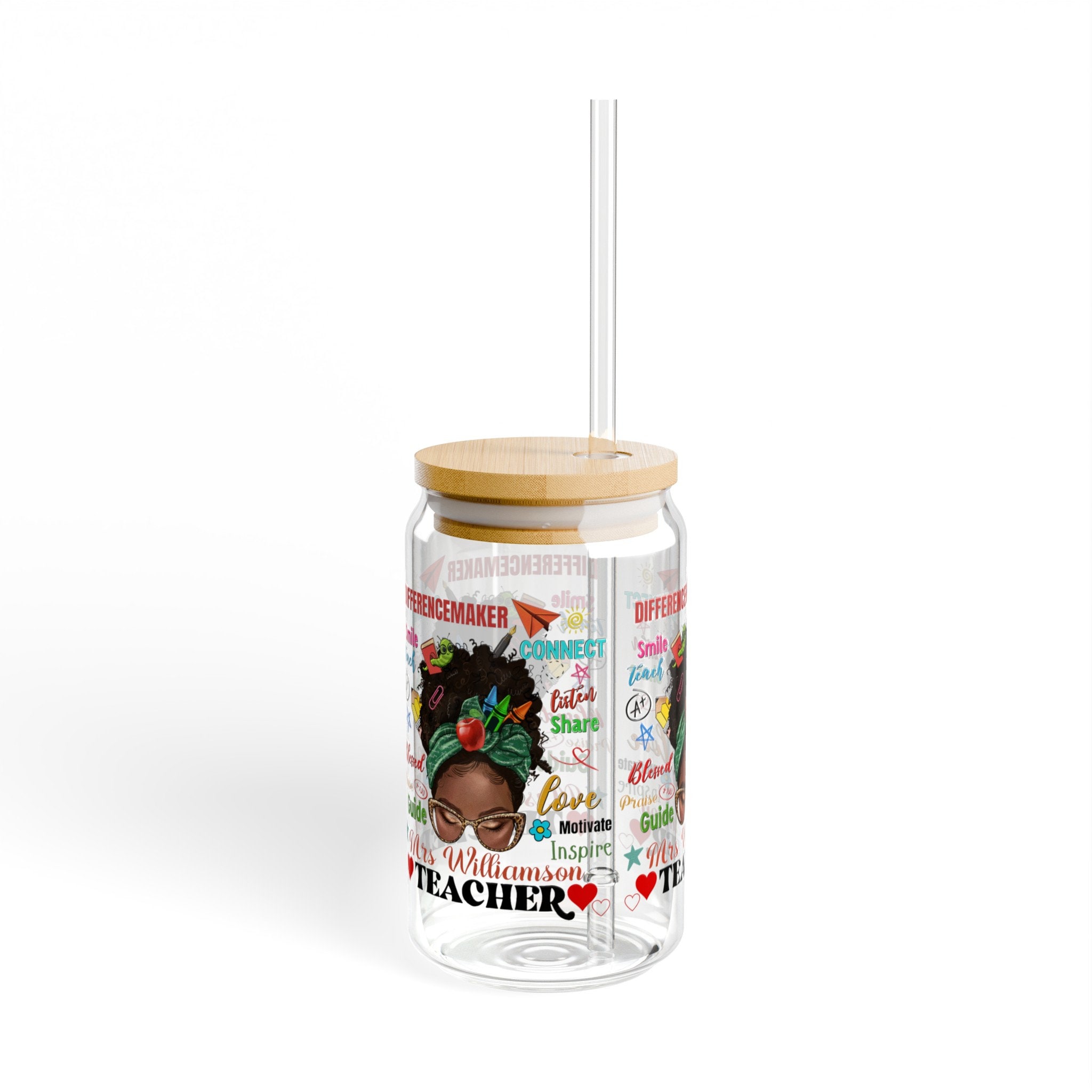 Black Teacher Sipper Glass Tumbler, Personalized Custom Name Tumbler Inspirational Teacher Gift Black Educator Drinkware Unique Teacher Gift